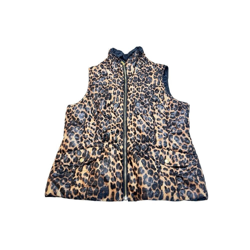 Chico's Women's Leopard Print Full Zip Puffer Vest Tan Black Size 1/Medium